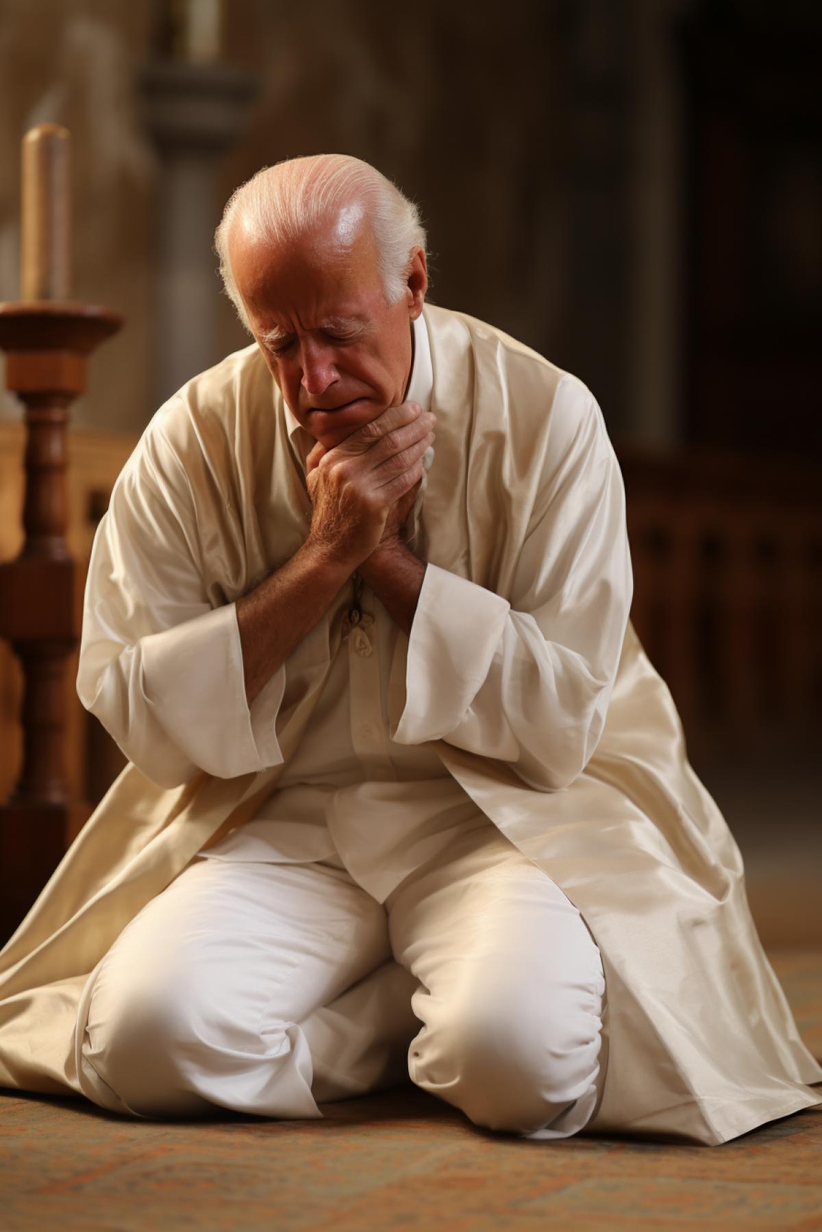 Joe Biden in old clothes begging at the church
