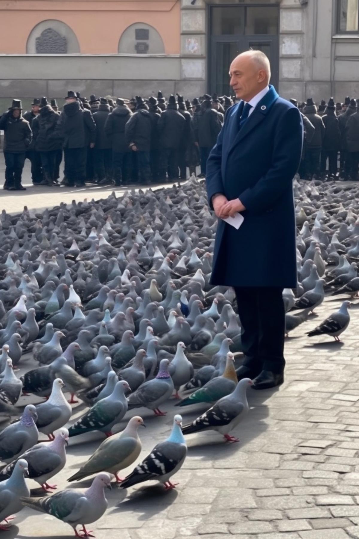 On the streets of St. Petersburg, pigeons lined up in a column and saluted Putin