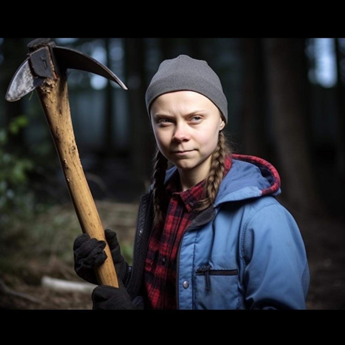 Greta Thunberg cuts trees furiously at night.