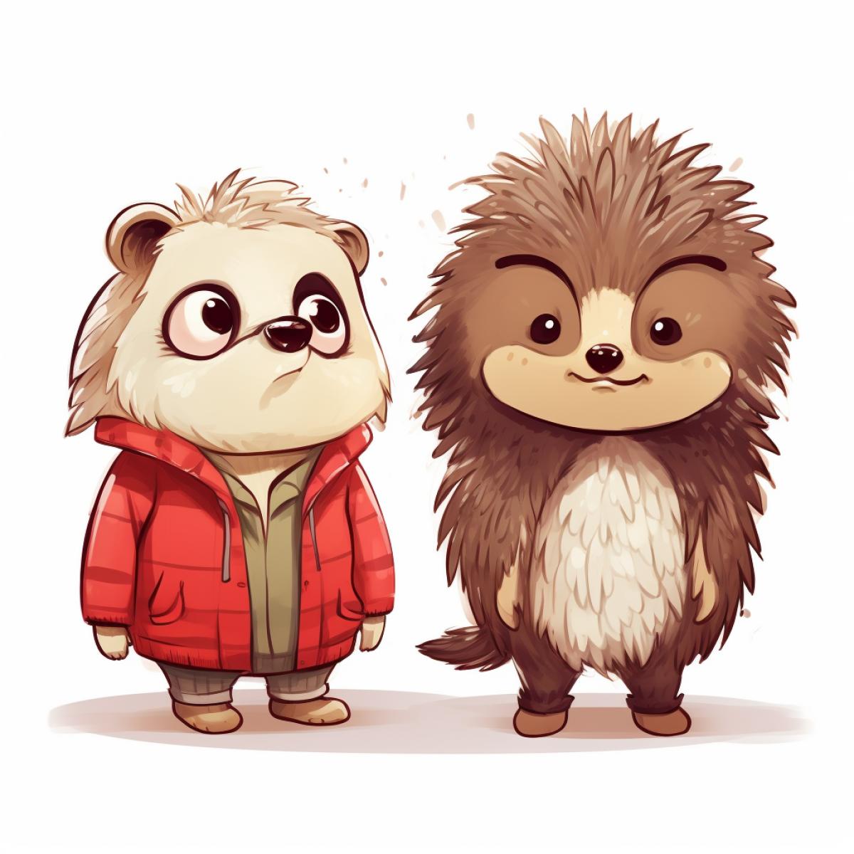 Anthropomorphic cheerful hedgehog and anthropomorphic sad raccoon