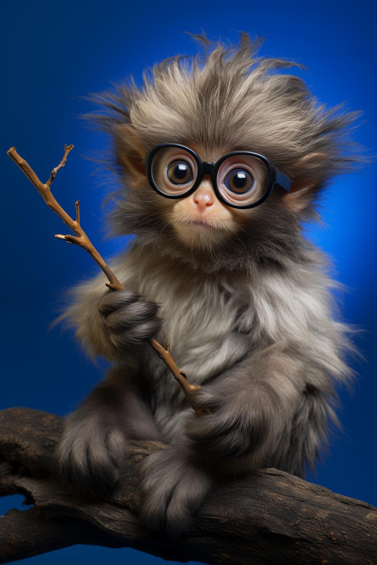 Cute monkey with glasses sits on a branch, professional photography, high detail
