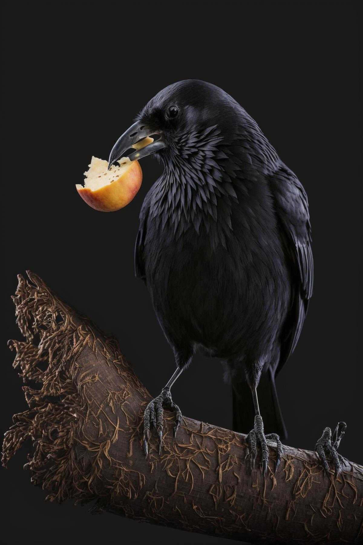 a crow on a branch tightly clutched a piece of cheese in its beak