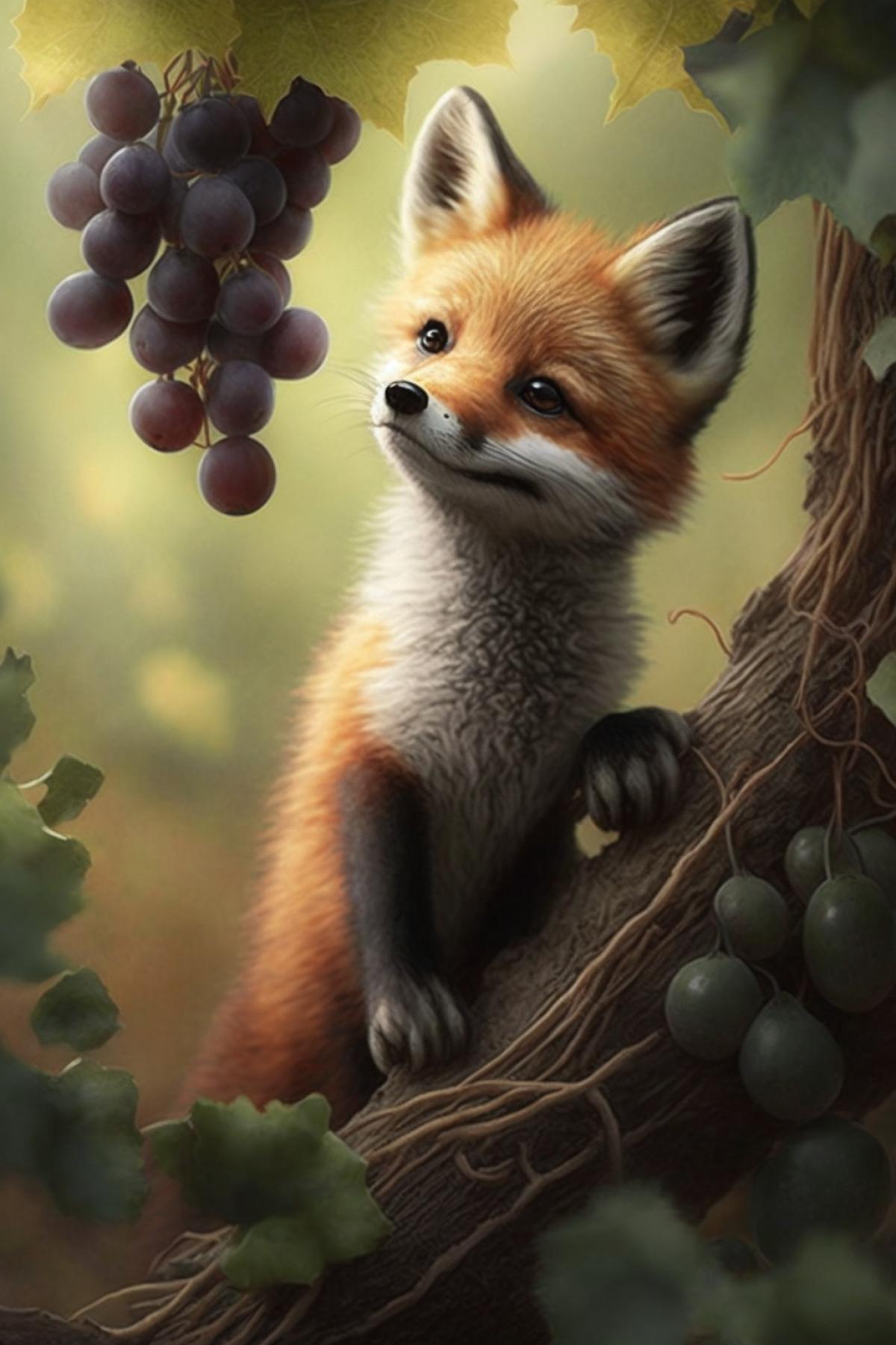 cute little fox unsuccessfully tries to get the grapes from the tree