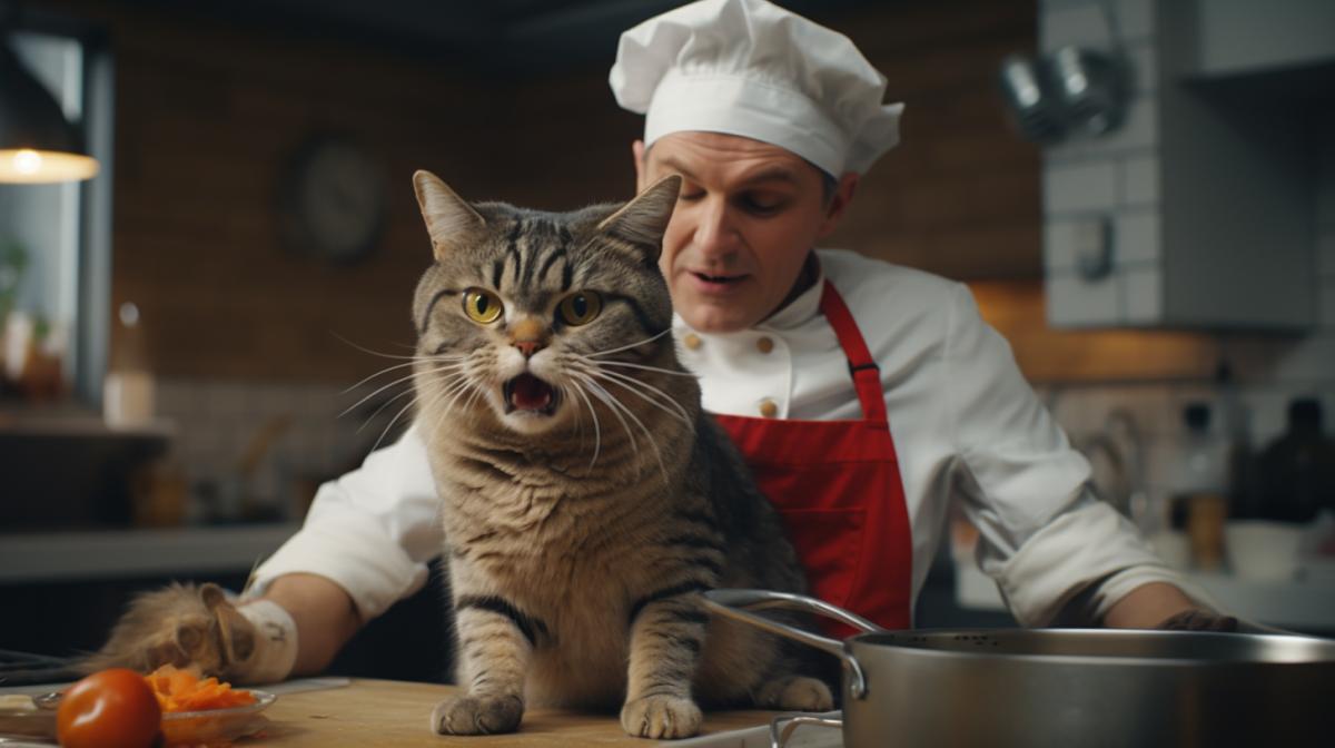 The cook scolds the cat for eating food that has been cooked many times, in a kitchen on vacation,super realistic, 4k,