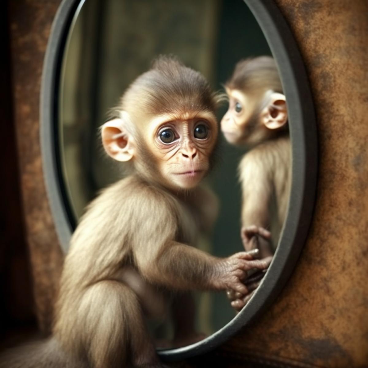 The cutest playful monkey looks in the mirror. Pointing at the reflection. Photography in vintage style. High detail.