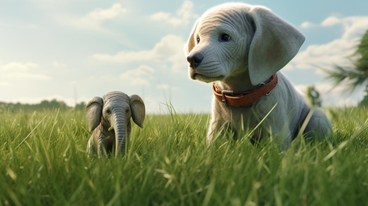 A small dog barks at an elephant sitting in a green field + overgrown + ni no kuni style, 8k, photorealistic, 4k, volumetric lighting, unreal 5 trending in artstation, dramatic ar 9:16