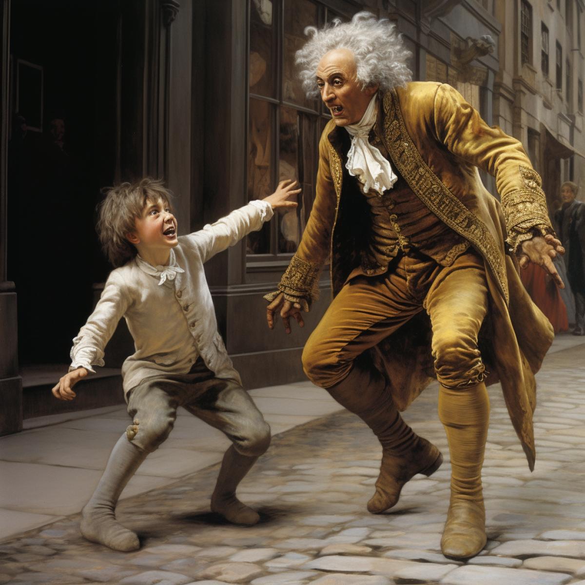 A humanoid earl wolf in an expensive gold embroidered suit attacks a frightened beggar boy with curly white hair. England, 19th century. Photo. High detail.