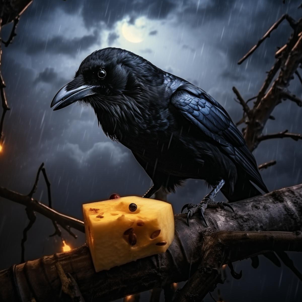 The crow sits on a tree. Cheese falls from the sky. Rain of cheese.