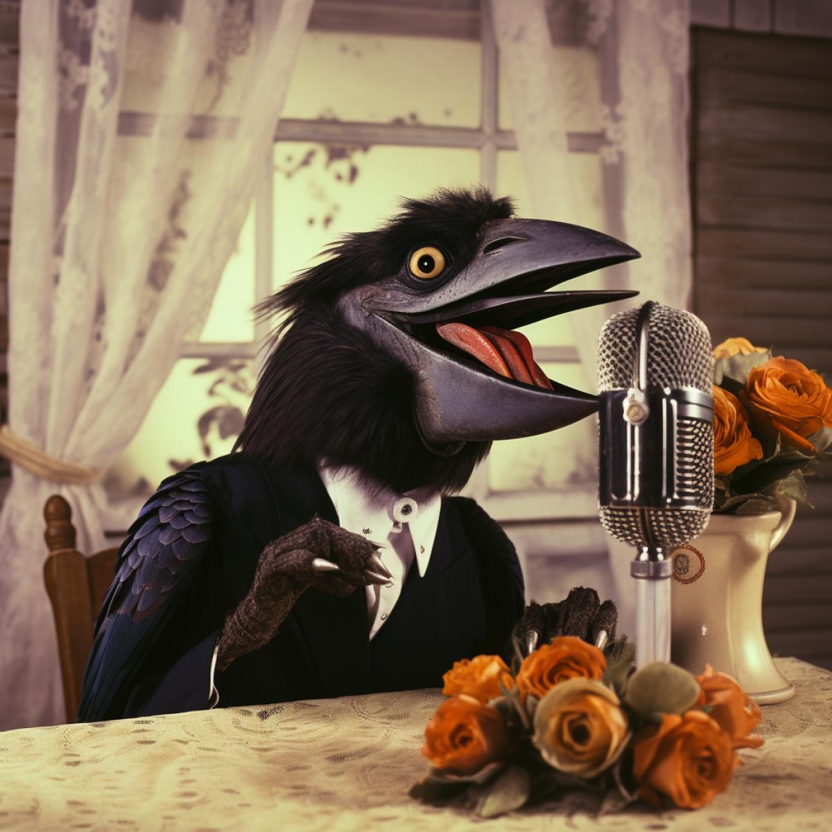 An anthropomorphic crow sings into a microphone in a caluxuryt. An anthropomorphic fox sits at the table and eats a lot of cheese. Vintage photo.