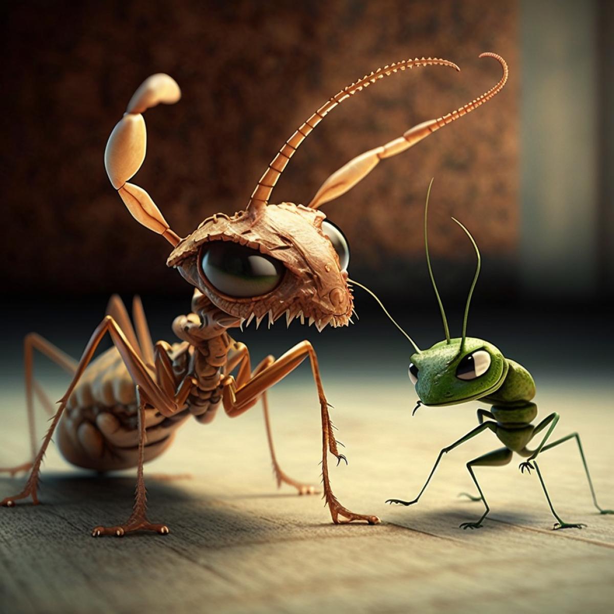 An anthropomorphic ant kicks an anthropomorphic grasshopper out of the house.