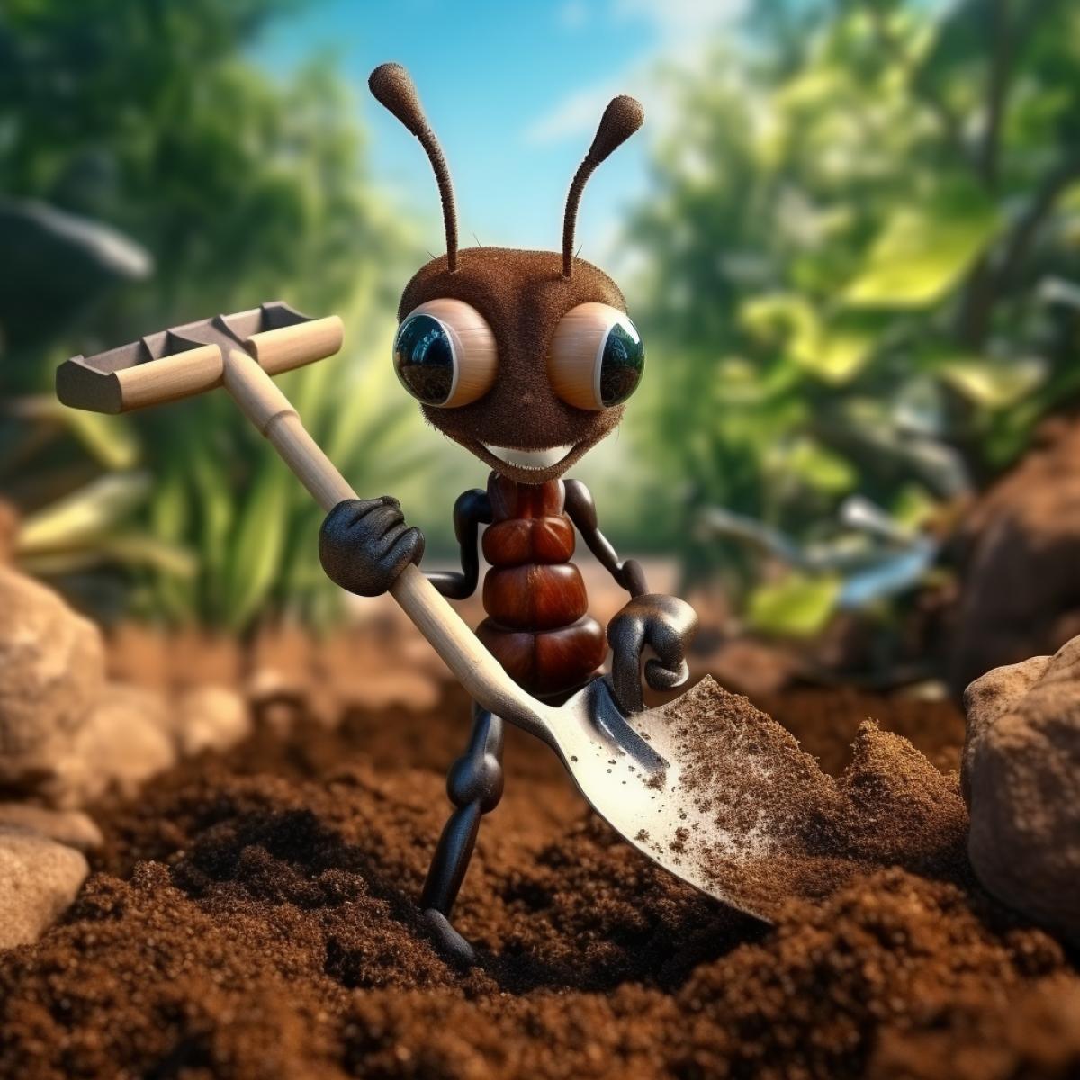 An anthropomorphic ant digs the ground with a shovel in the garden. Shovel close-up. Change of angle. High detail. Photorealism