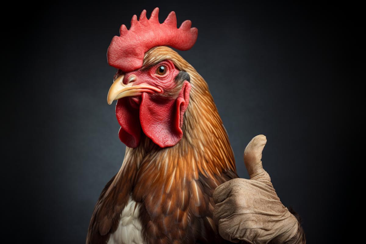Anthropomorphic rooster thumb up gesture. High detail. Photorealism. Professional photography.