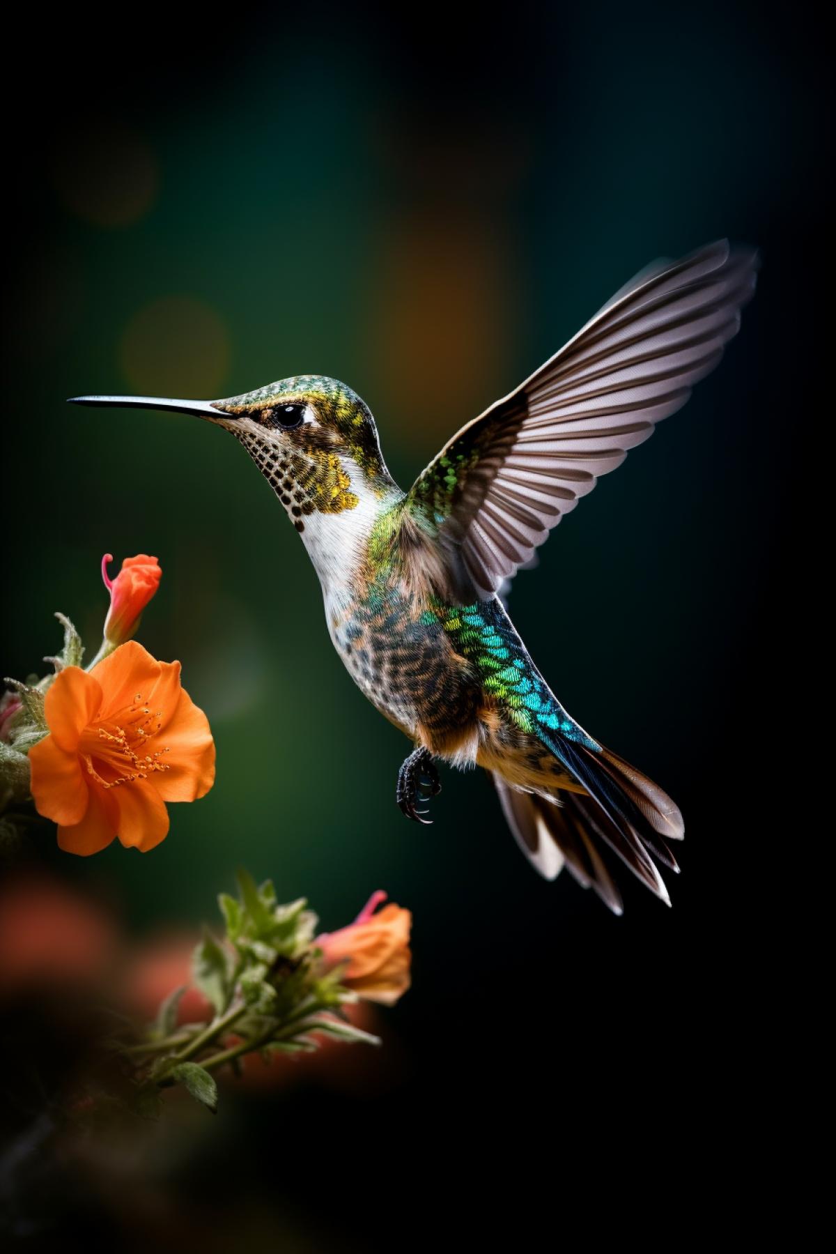 hummingbird drinks from a flower in flight, colorful photo, very close, macro photography, ultra-detail, ultra-realism