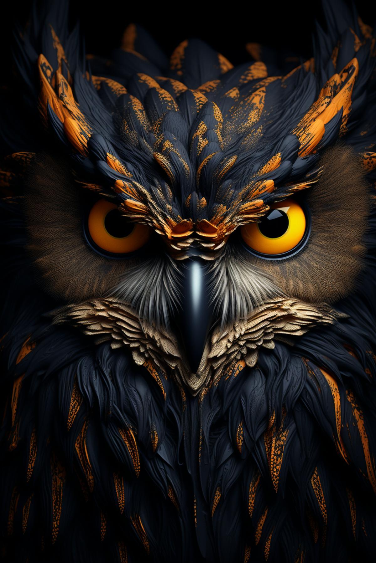 an owl is looking forward, in the style of dark dark and gold, hyper-realistic, photo animal, 32k uhd,hyper realistic bird, maori art, photorealistic fantasies, intricate details