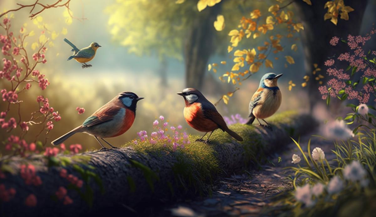 Imagine a beautiful spring morning scenery, colorful nature, birds signing lots of detail, ultra photoreal, depth of field