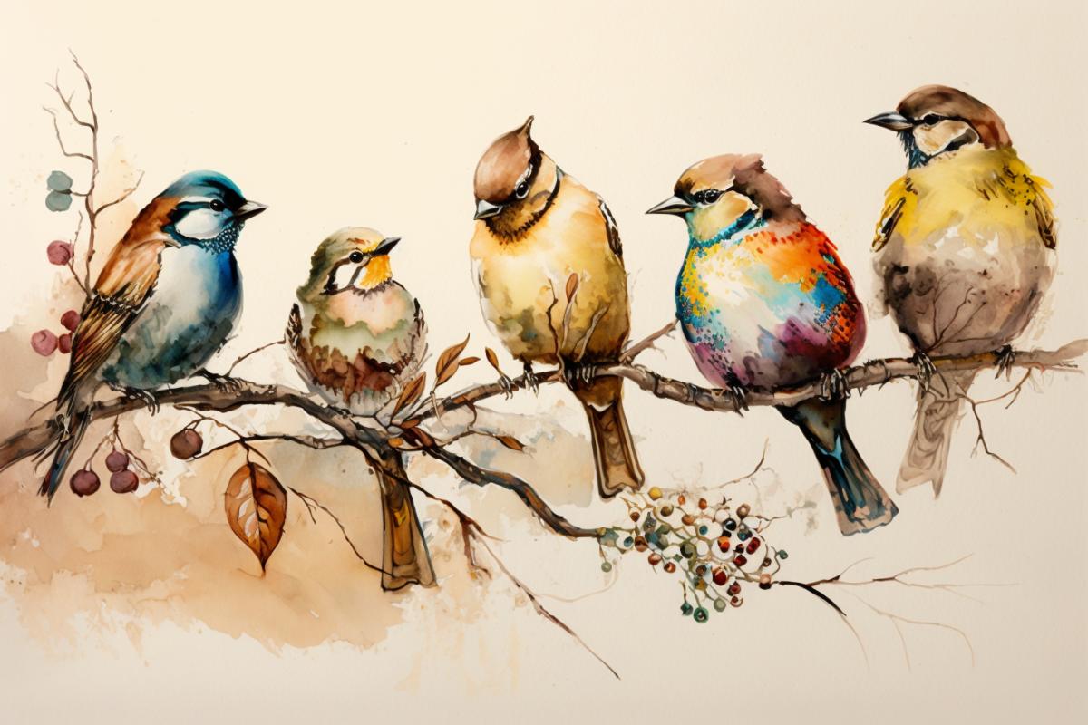 Five different colorful birds are sitting on a branch, in the style of shaped canvas, light beige and brown, small brushstrokes, use of fabric, chen zhen, modern european ink painting, louis comfort tiffany