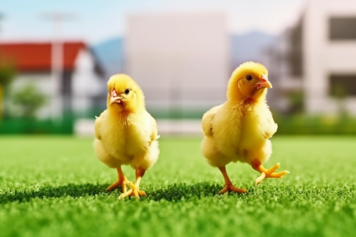 Cute little chickens run across the lawn