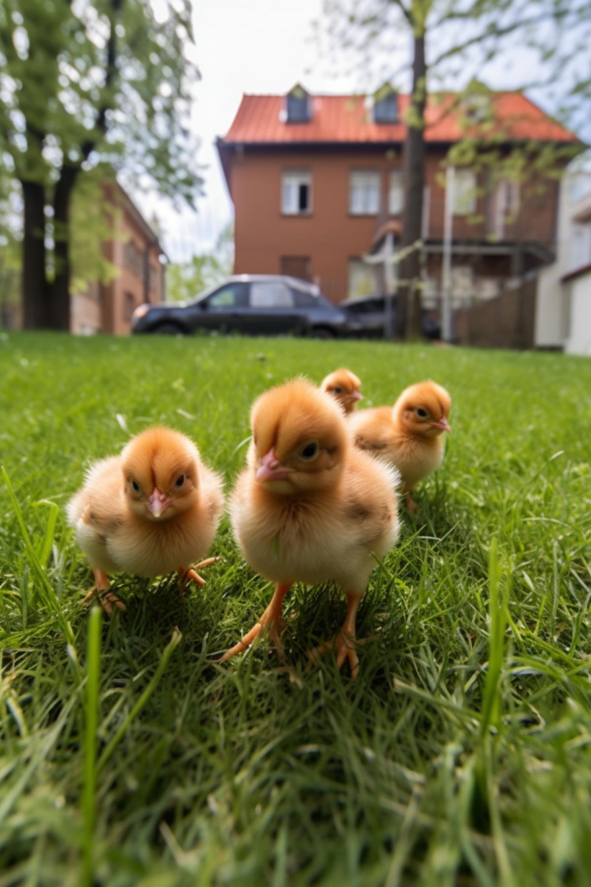 Cute little chickens run across the lawn, close-up