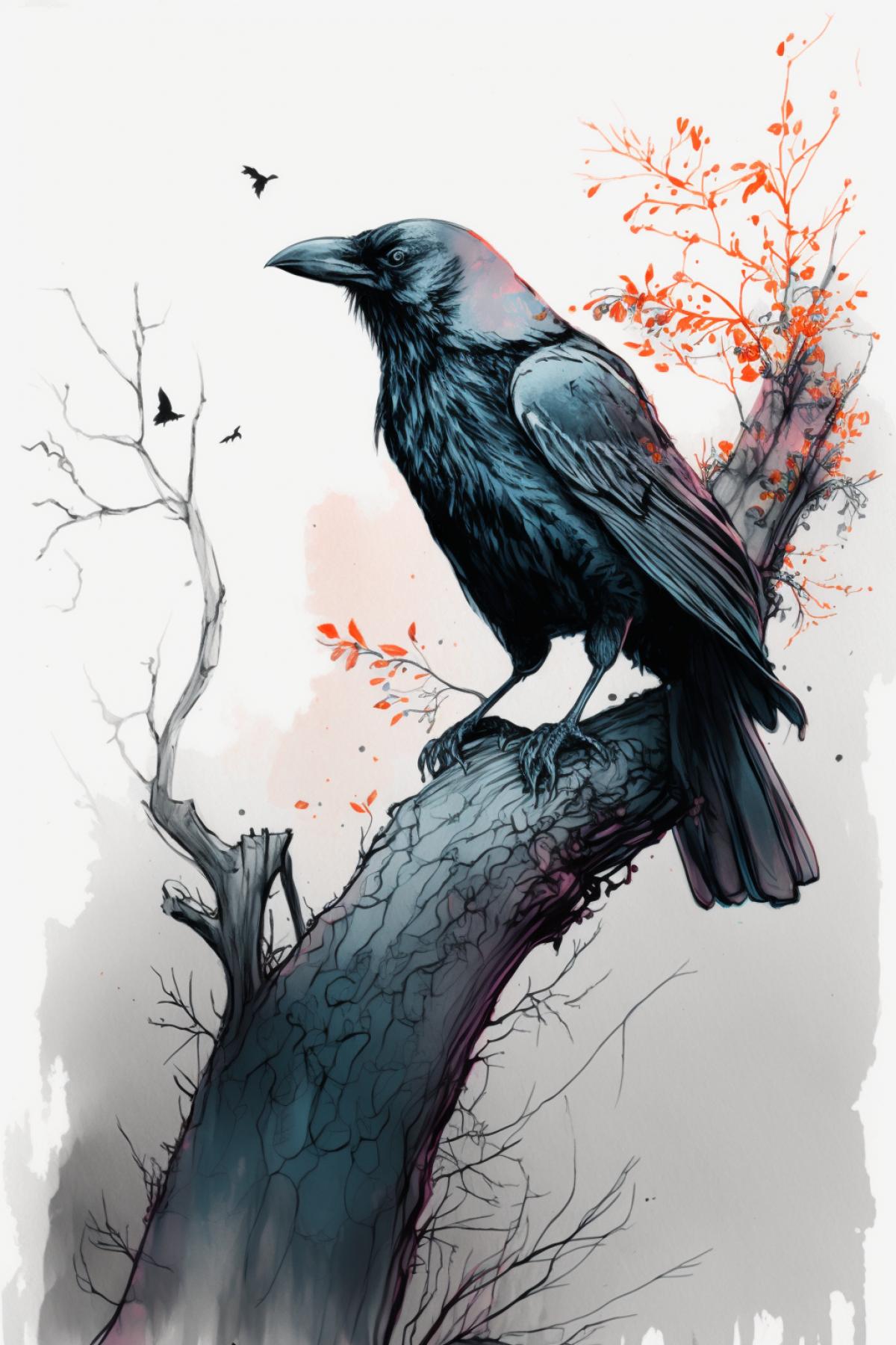 manga sketch a crow on a tree with cheese in its beak, pencil and wash style, pencil line, subtle coloring, outlines bold brushstrokes, epic ink arc shot, hand drawn with colored pencils, wild chic brushstrokes