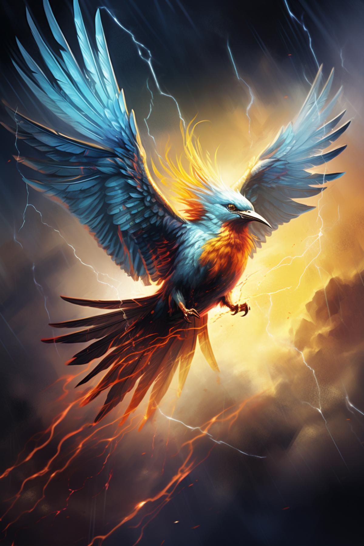 Thunder bird, lightning bird, thunder bird, storm bird, hurricane, wind, lightning, thunder, majestic picture, colorful image, high detail, high quality