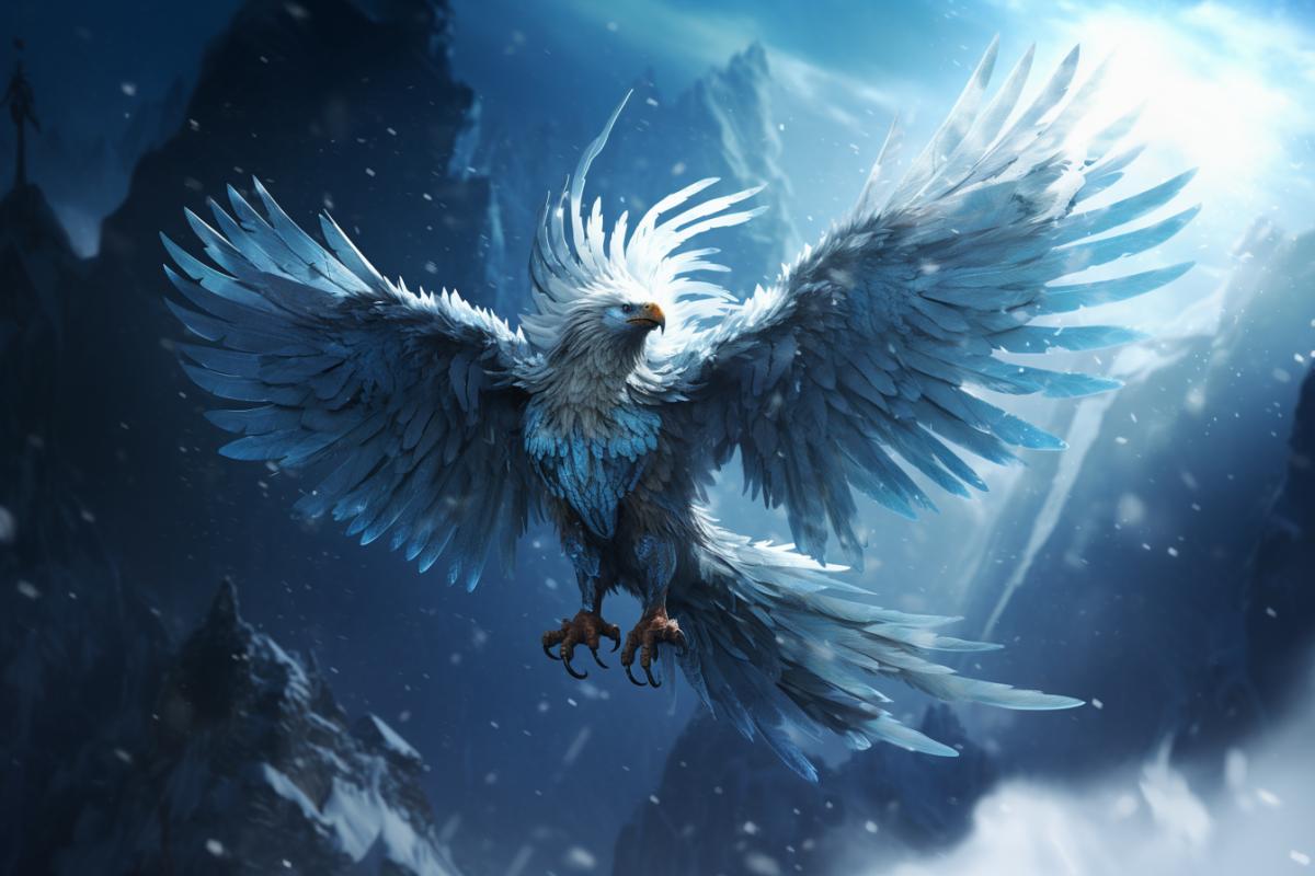Huge bird of frost, herald of a blizzard, ice feathers, glittering ices, blizzard bird, sun glare, high quality, maximum detail