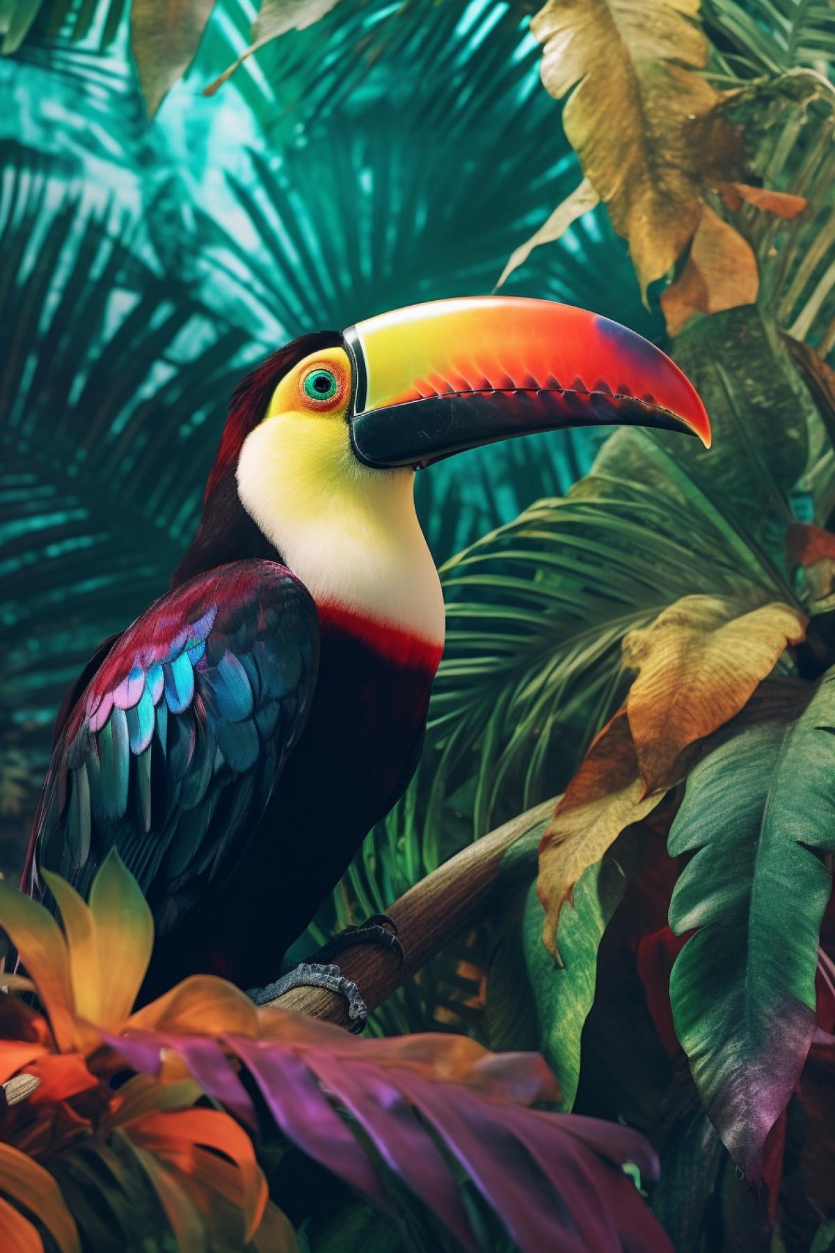 A toucan bird with a rainbow beak sits on a palm tree