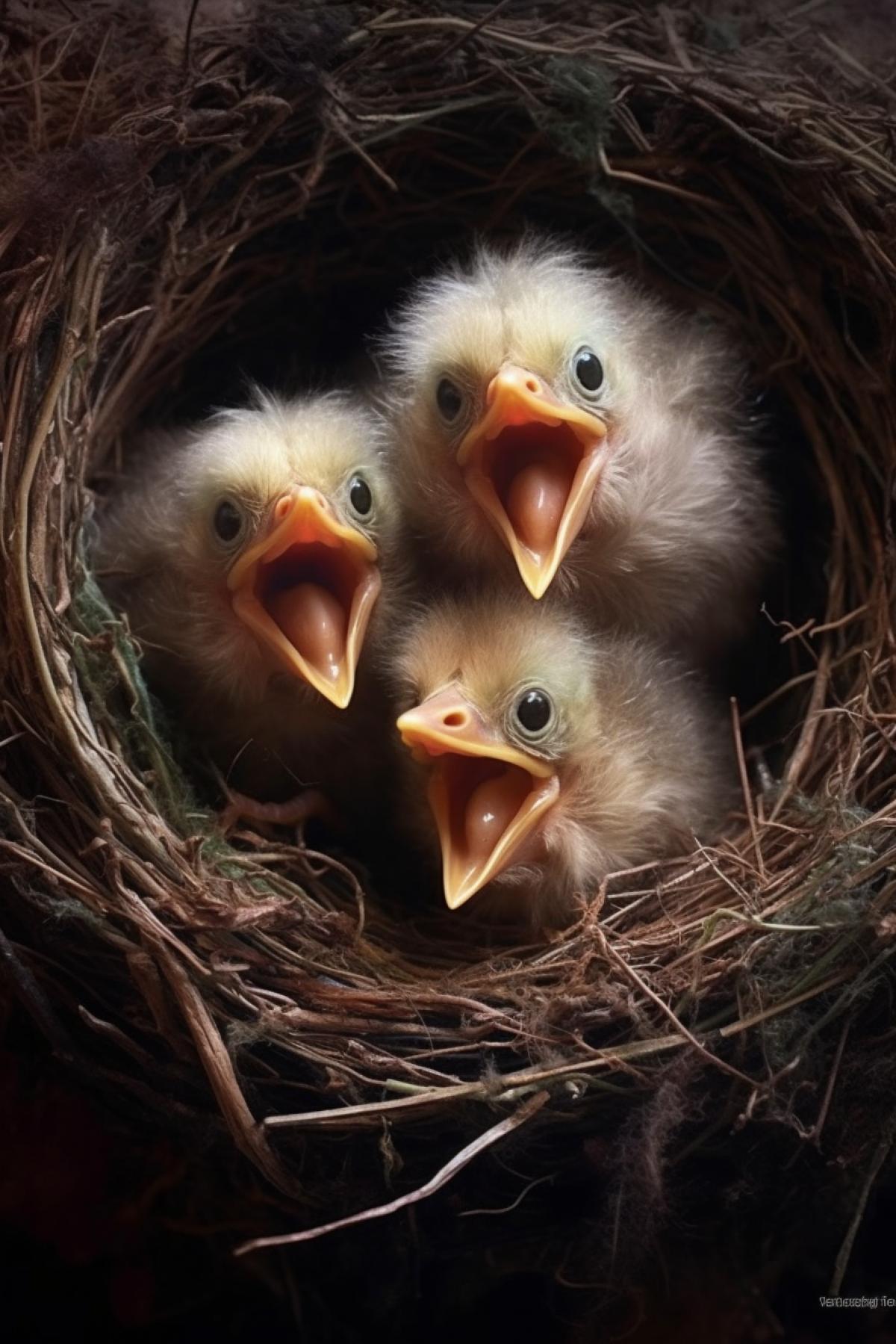 In the nest Little chicks open their mouths and wait for their mother