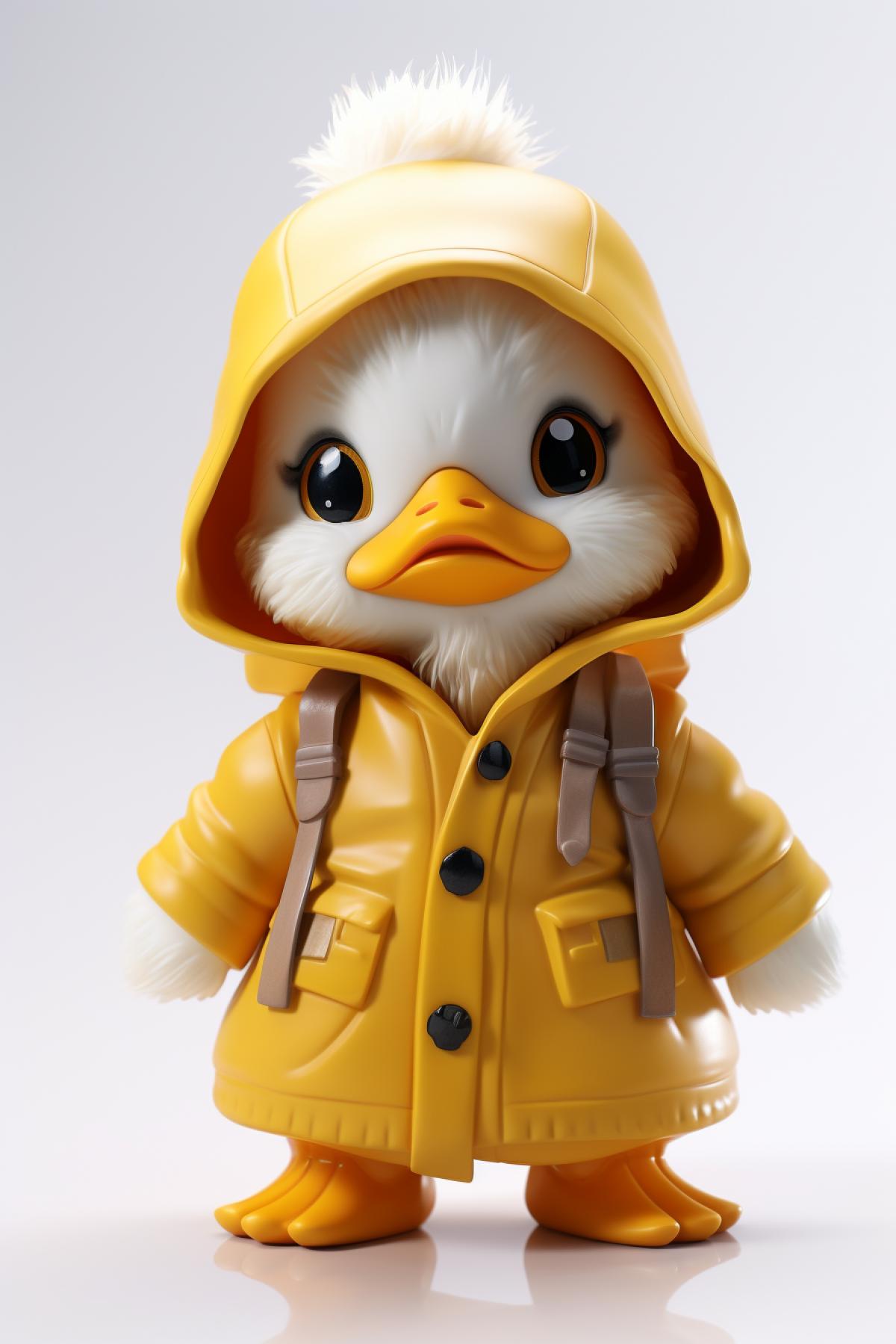 character Kawaii cartoon fluffy baby duckling raincoat. Chibi, Photograph, Canon DSLR, Tilt shift, white background, high definition, Complete and coordinated com4k, 8k