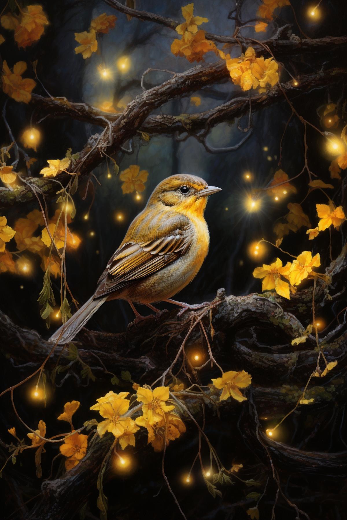 At night, a little sparrow got tangled in a yellow garland