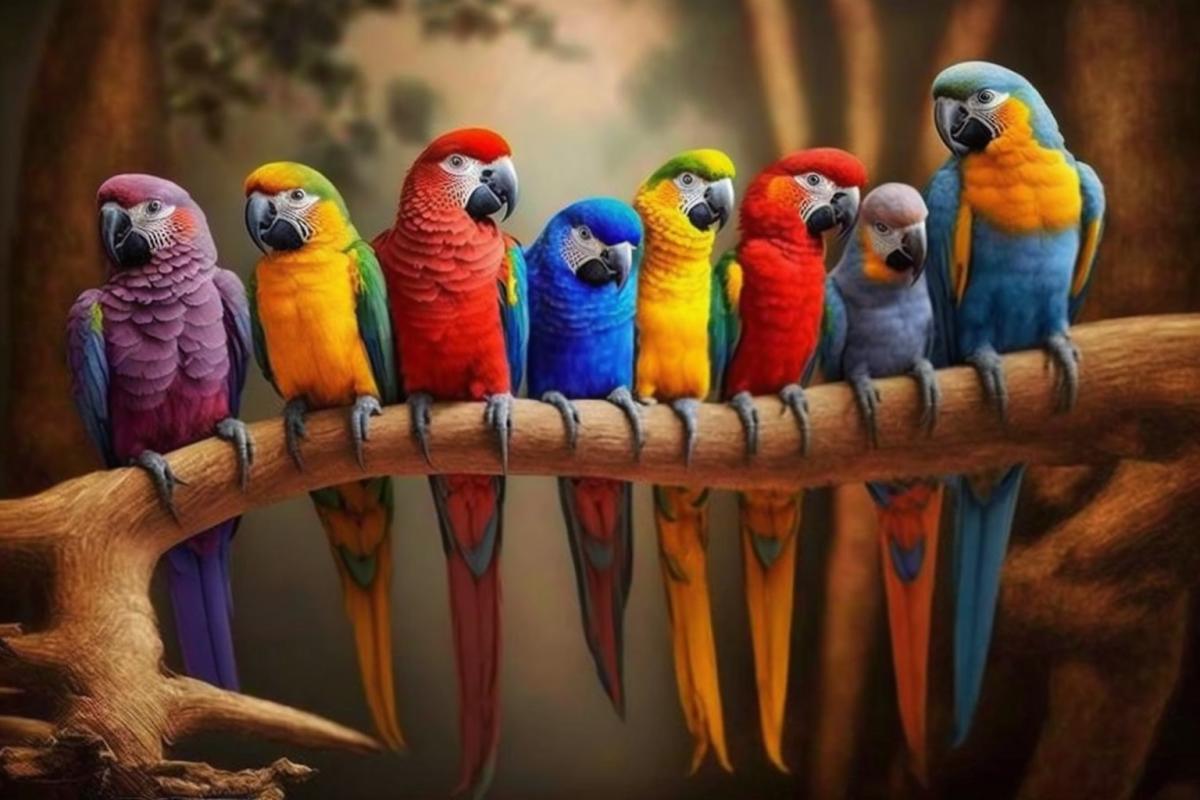 Rainbow of parrots: red, orange, yellow, green, blue, blue, purple parrots sit on the same branch