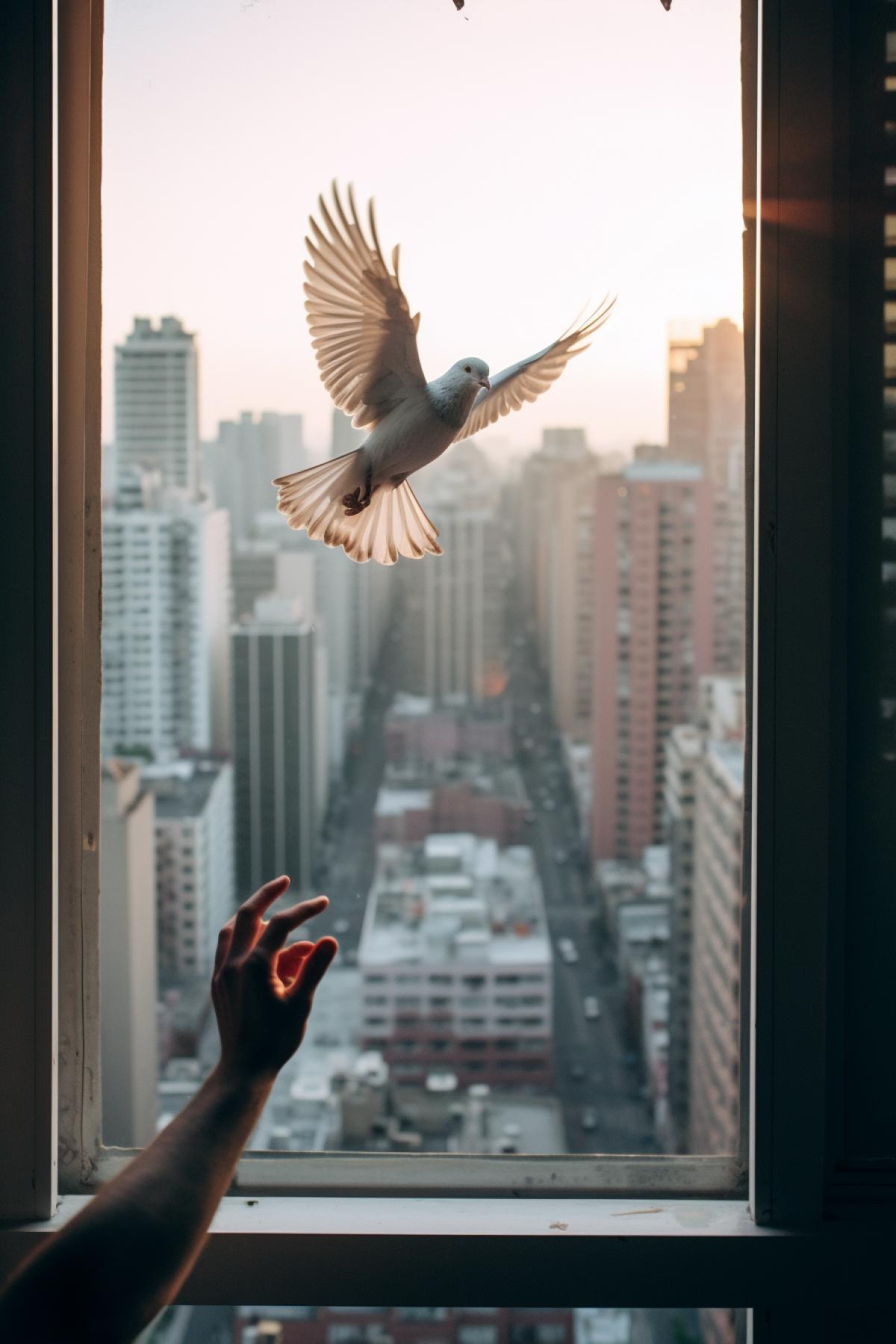 The content of the photo is a person standing by the window, his hand extending out of the window, his hand falling on a bird, and the city scenery outside the window