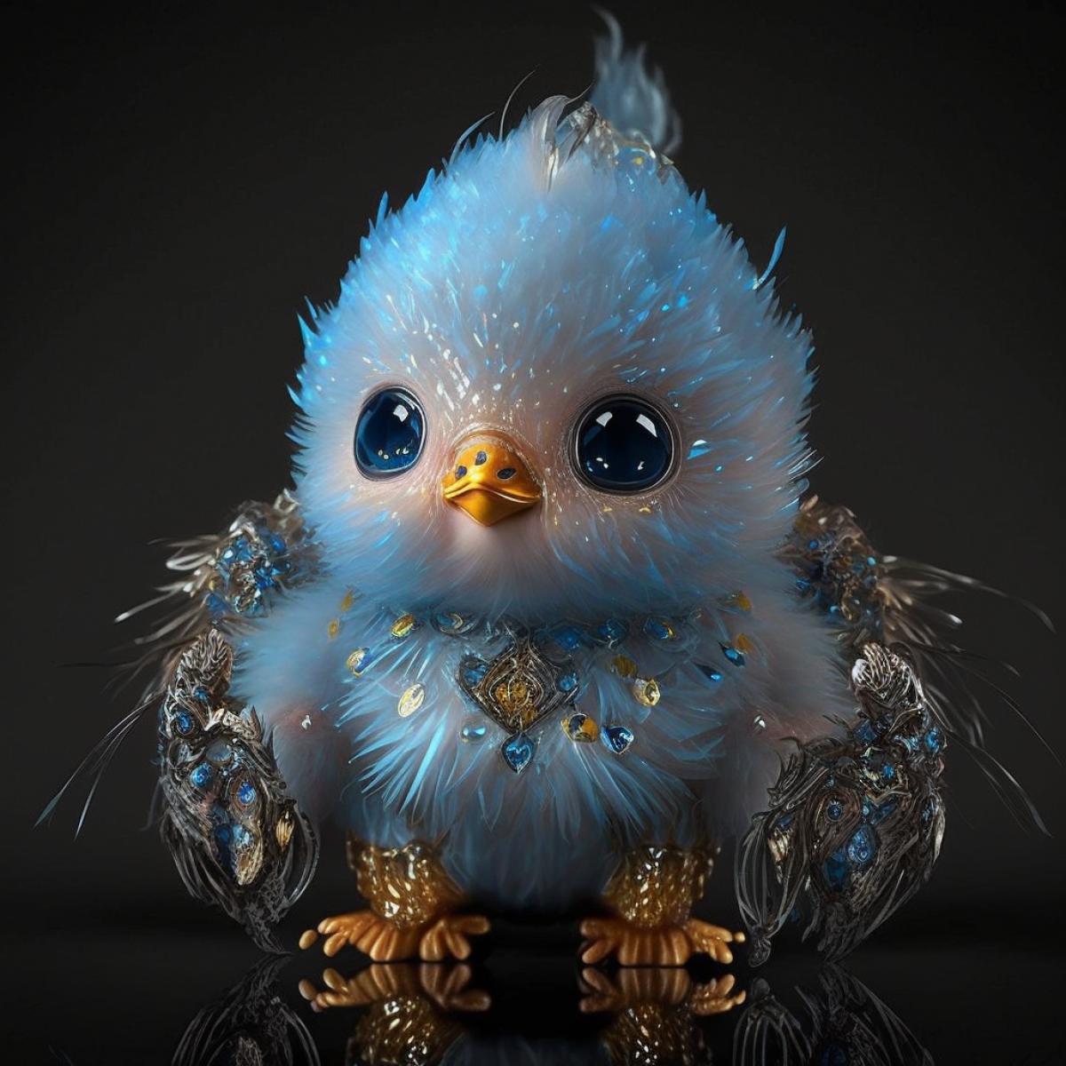Super Gorgeous and lovely Chinese zodiac baby (chicken), Its crystal ice hair is like Chinese ceramics, and it is as charming as Chinese snowflakes.smoke rise, Its super fine fur, dark pupils eyes, whole body, Standing on the surging blue agate sea, jewelry, complex details, movie lights, gold design, illusory engine, octane rendering, mad consul Peter Morbach, Jordan Grimmer, light and dark, the corner of hell, high-definition aesthetic pictures, high-definition, 4k high-definition, ultra-high definition, 3d rendering, virtual engine, very detailed
