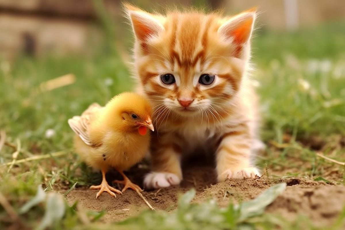 Kitten catches a chicken