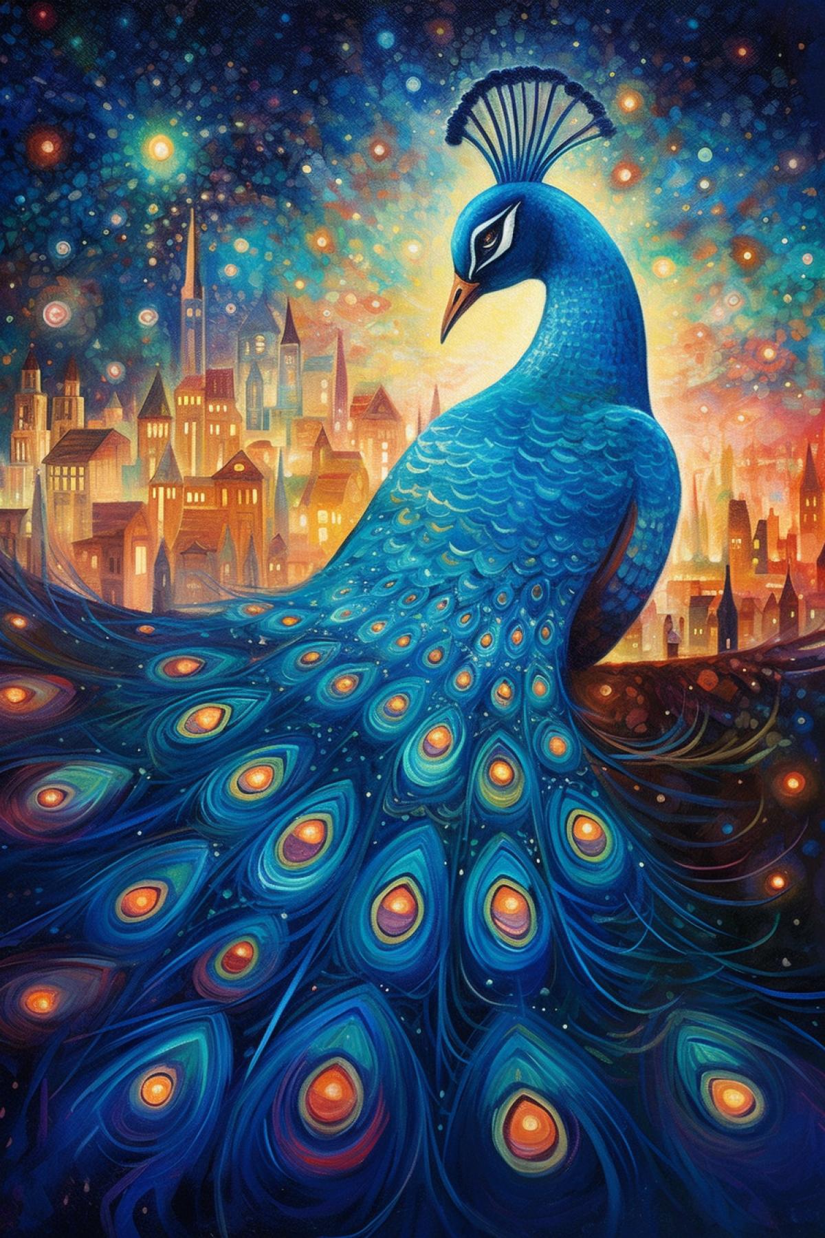A blue peacock stands in the village, behind his stars, he himself is covered with blue fire