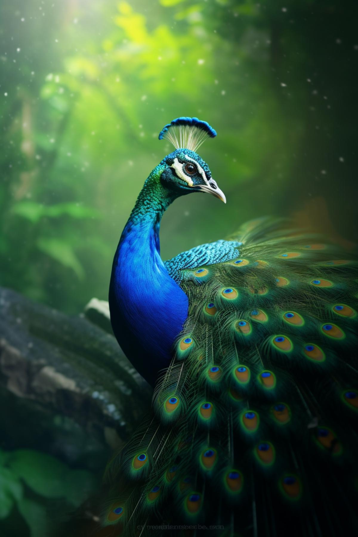 The Beauty of the Peacock, misty pastoral background, intense interplay of light and shadows, fast shutter speed, dynamic action and movement