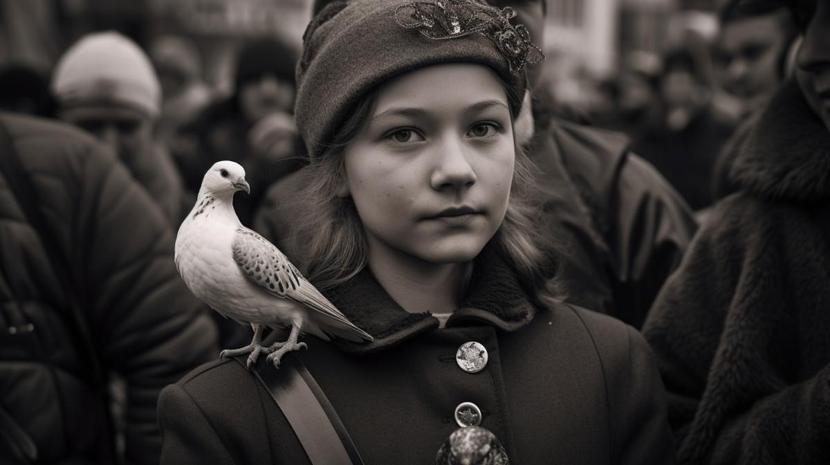 In a style reminiscent of the eighties, I would describe a striking dark-and-white photograph capturing a profound moment during the demonstration. The image shows a young girl with a determined expression standing in the center of the frame. Dressed in vintage clothes, her rebellious spirit echoes the fashion trends of that era. :: The girl delicately holds a snow-white pigeon in her hands, the feathers of which contrast vividly with her dark clothes. The dove represents peace and freedom, symbolizing hope in a world of chaos. His wings are slightly spread out, ready to fly.