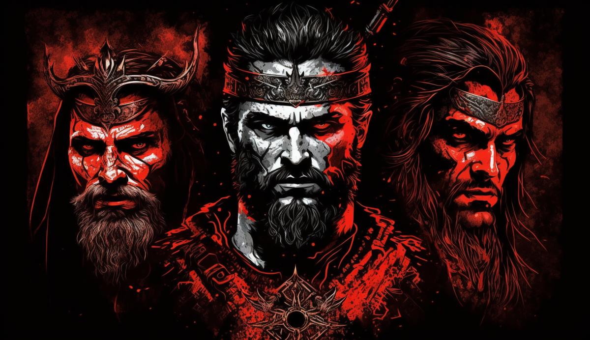 Three evil Slavic heroes in dark and red colors