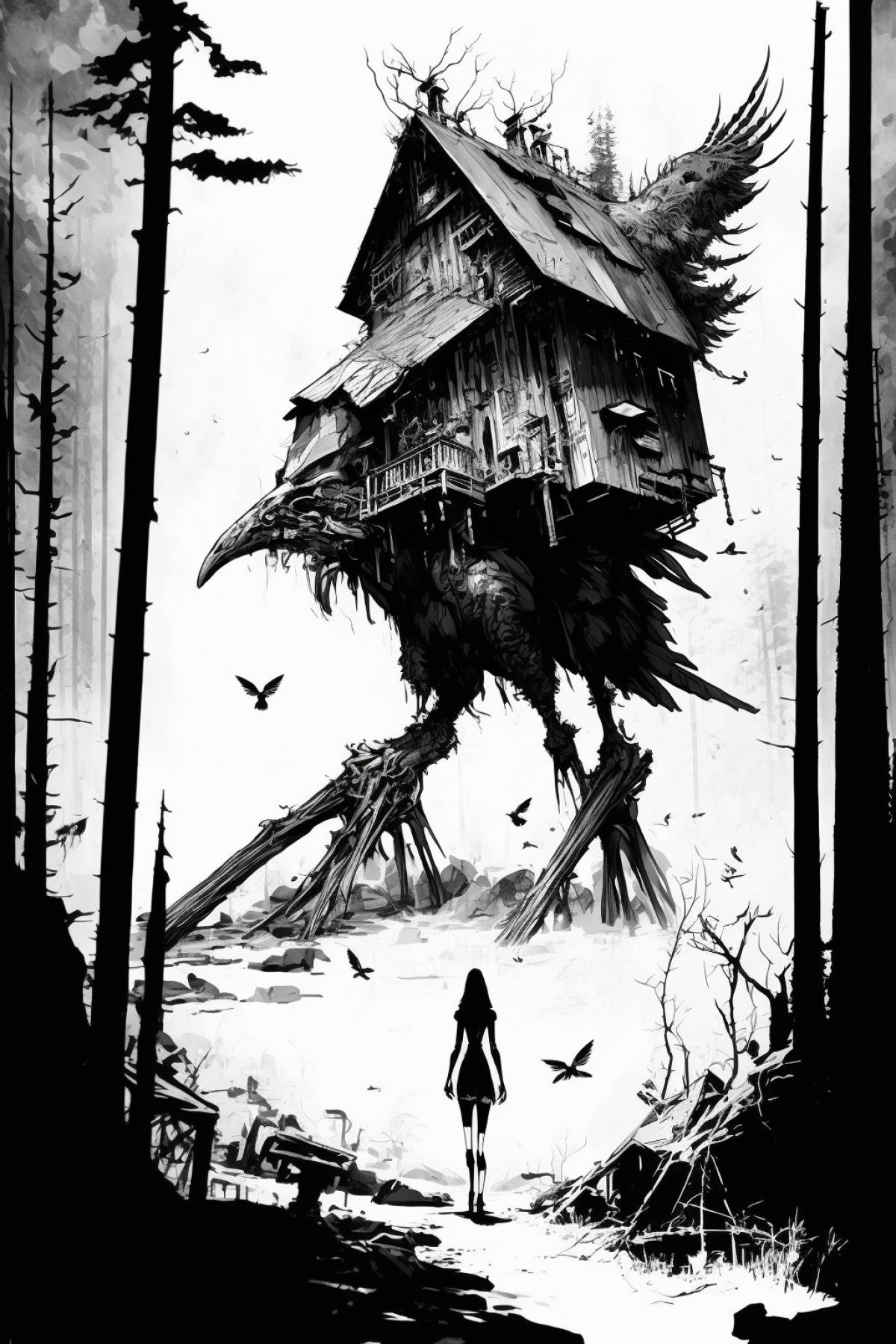 giant ugly bird legs holding up a biomorphic wood shack as artwork by Tsutomu Nihei:: evil dangerous menacing heraldic Baba Yaga and her biomorphic chicken-legged hut running through a forest, pen and ink drawing by Tsutomu Nihei --no edges,border,canvas,text,logo