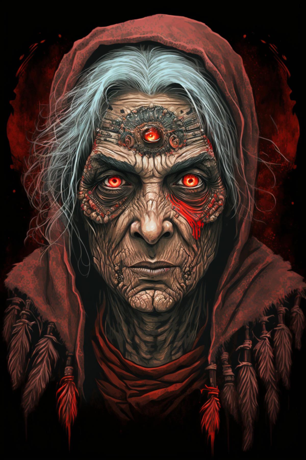 200 years old Baba Yaga ugly female face, hand drawing painting, in dark and red colors