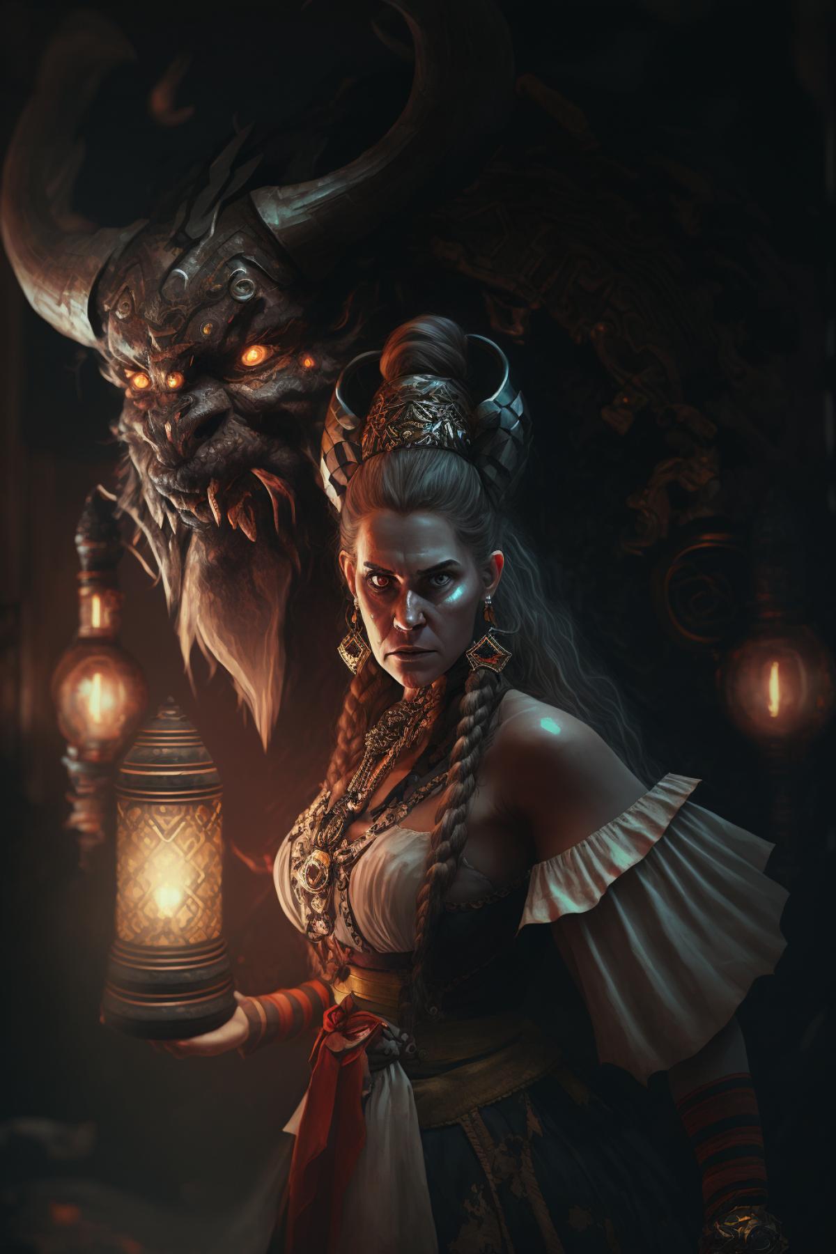 muscular powerful slavic bogatyr girl fighting with baba yaga, imps, combat scene in dynamic motion, in traditional folk clothes with pagan tattoos of Russian pagan gods, slavic myphology, pagan :: ray tracing, dynamic lighting, accent lighting, general lighting, dark folklore fairytale, hyper desalination,in dark, white and red colors hyperrealism, cinematic style of slavic fantasy, octane render, 4D ar 2:3