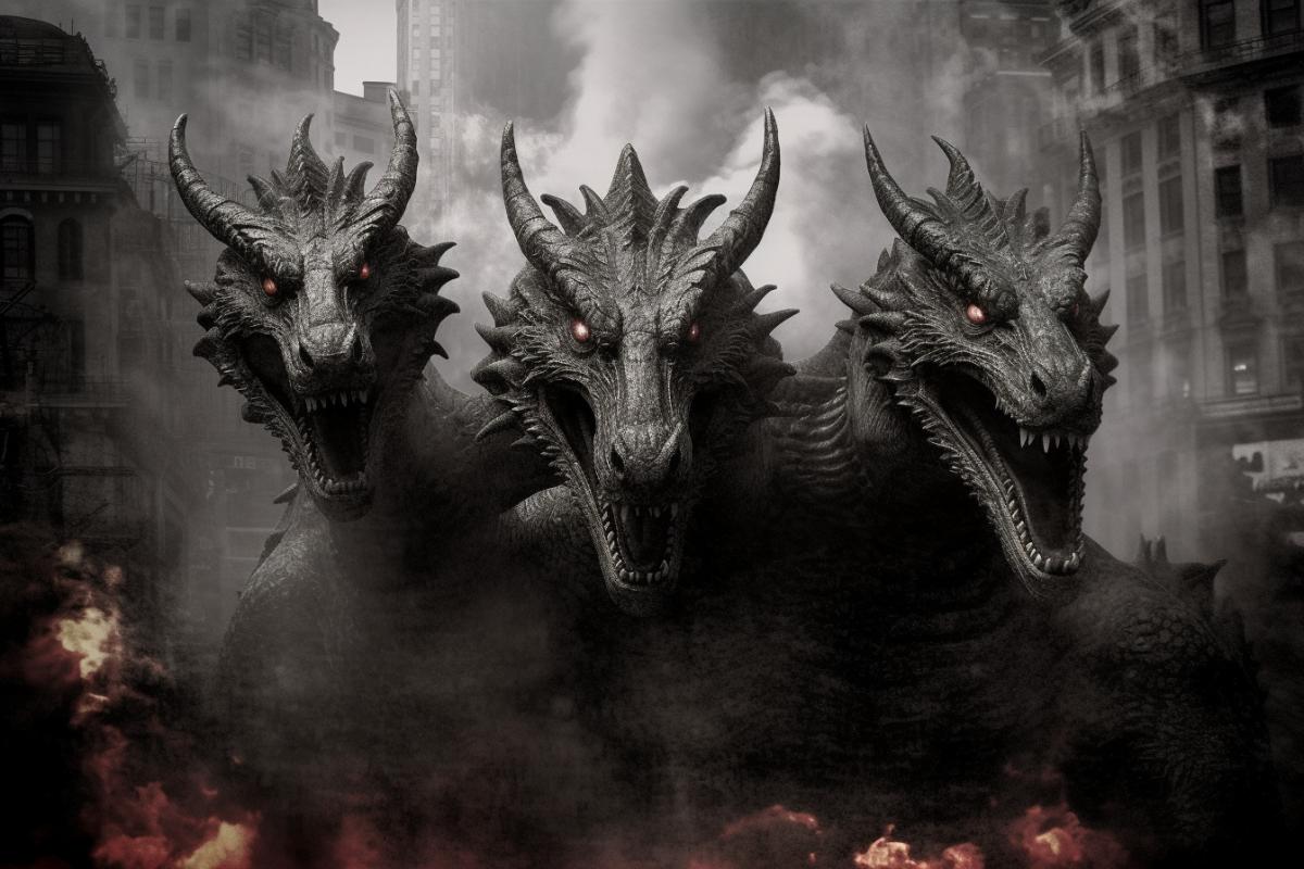 Three-headed dragon breathes fire, sin city style, gloomy style