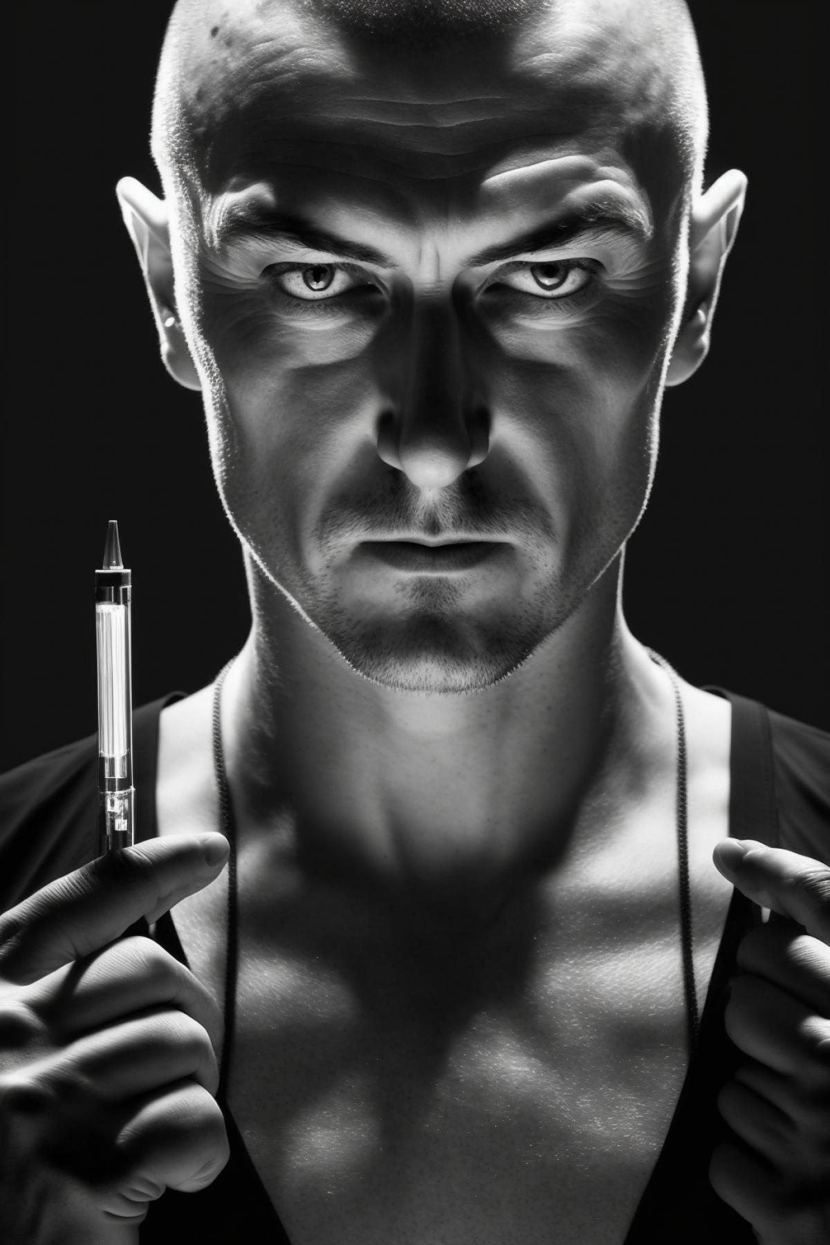 A thin man is holding a syringe. Photo made in the style of the movie Sin City