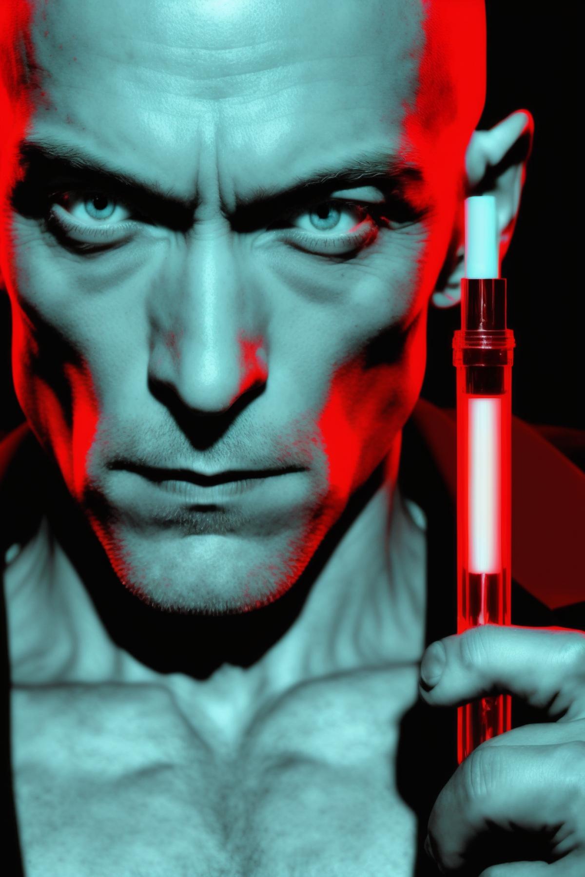 A thin man is holding a red syringe. Photo made in the style of the movie Sin City