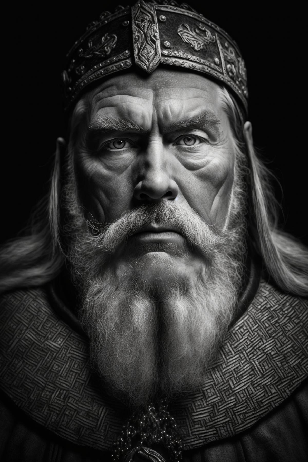 Extraordinary portrait of Old Russian Bogatyr Ilya Muromets in noir style, ultra strong mystical eyes, professional photography, 8k, beauty