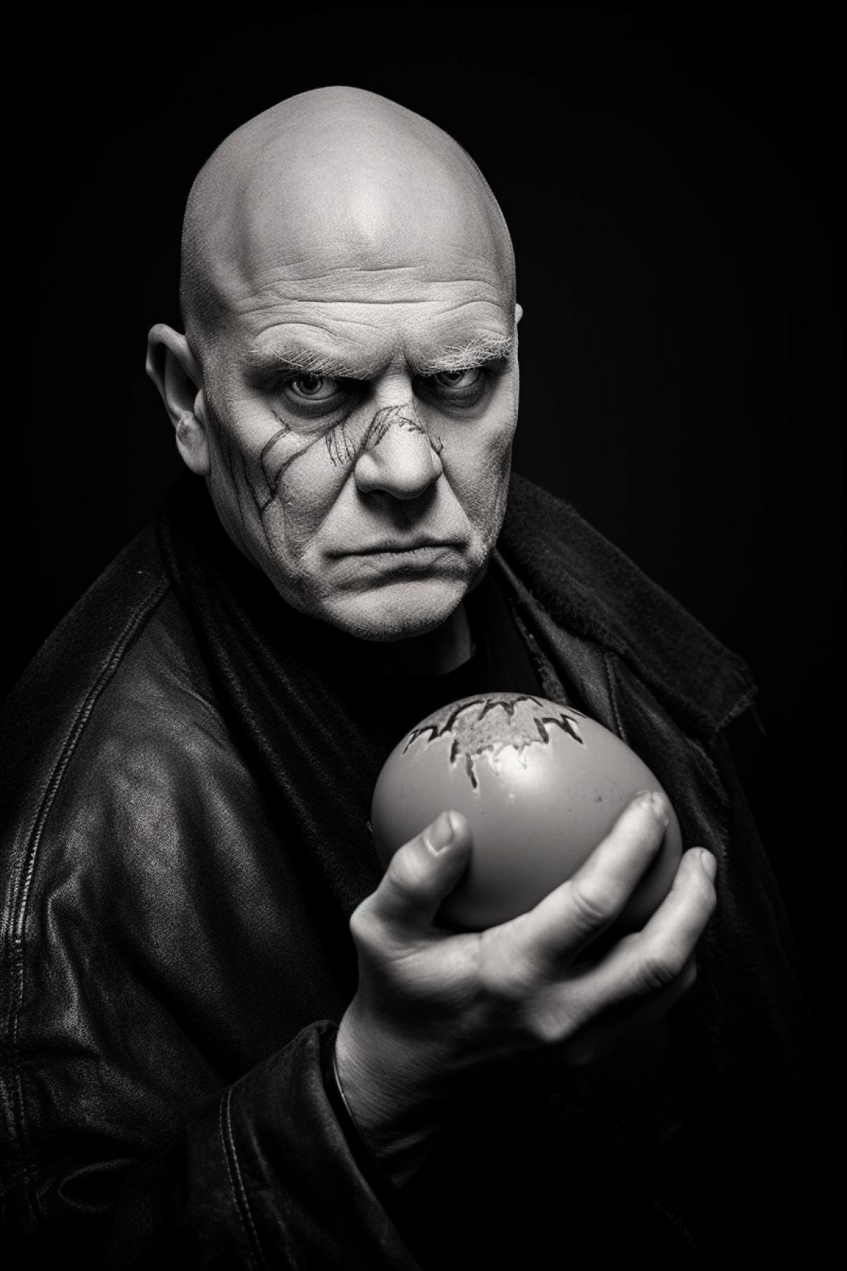 Koschey the Deathless holds an egg in one hand and a needle in the other. Sin city style, gloomy style