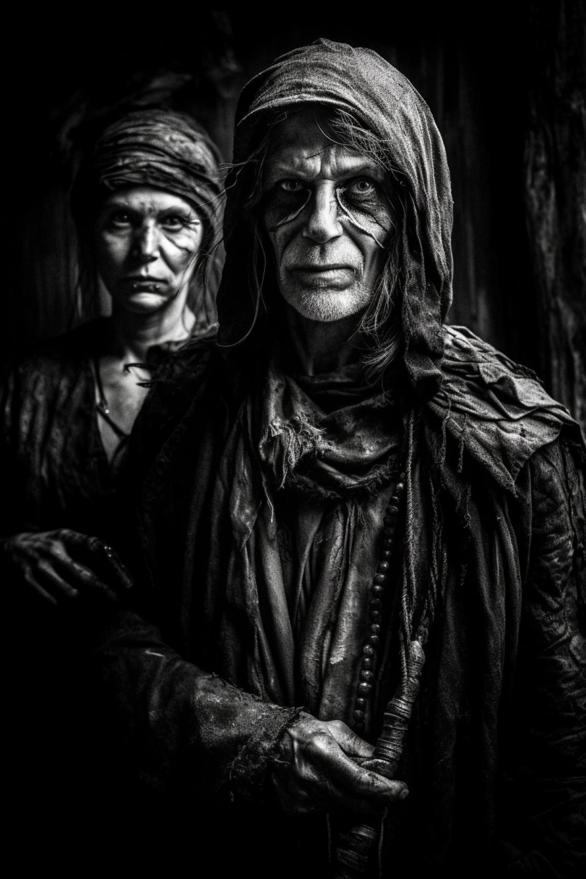 Nightingale the robber in the form of a man stands next to Baba Yaga. sin city style