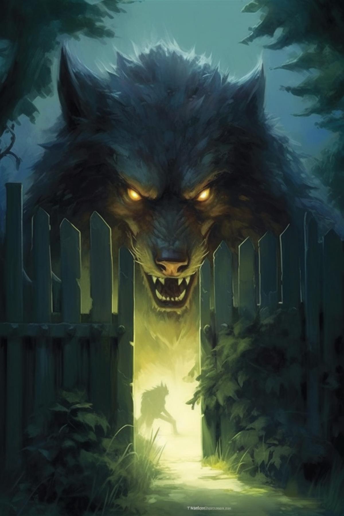 Frightened wolf under the fence looks at the cat sitting on the fence, village