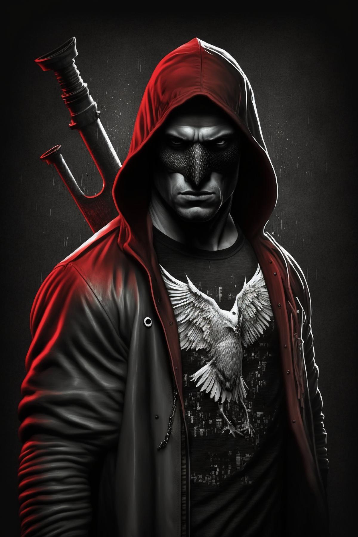 Anthropomorphic Nightingale. dark and red. Photo made in the style of the movie Sin City