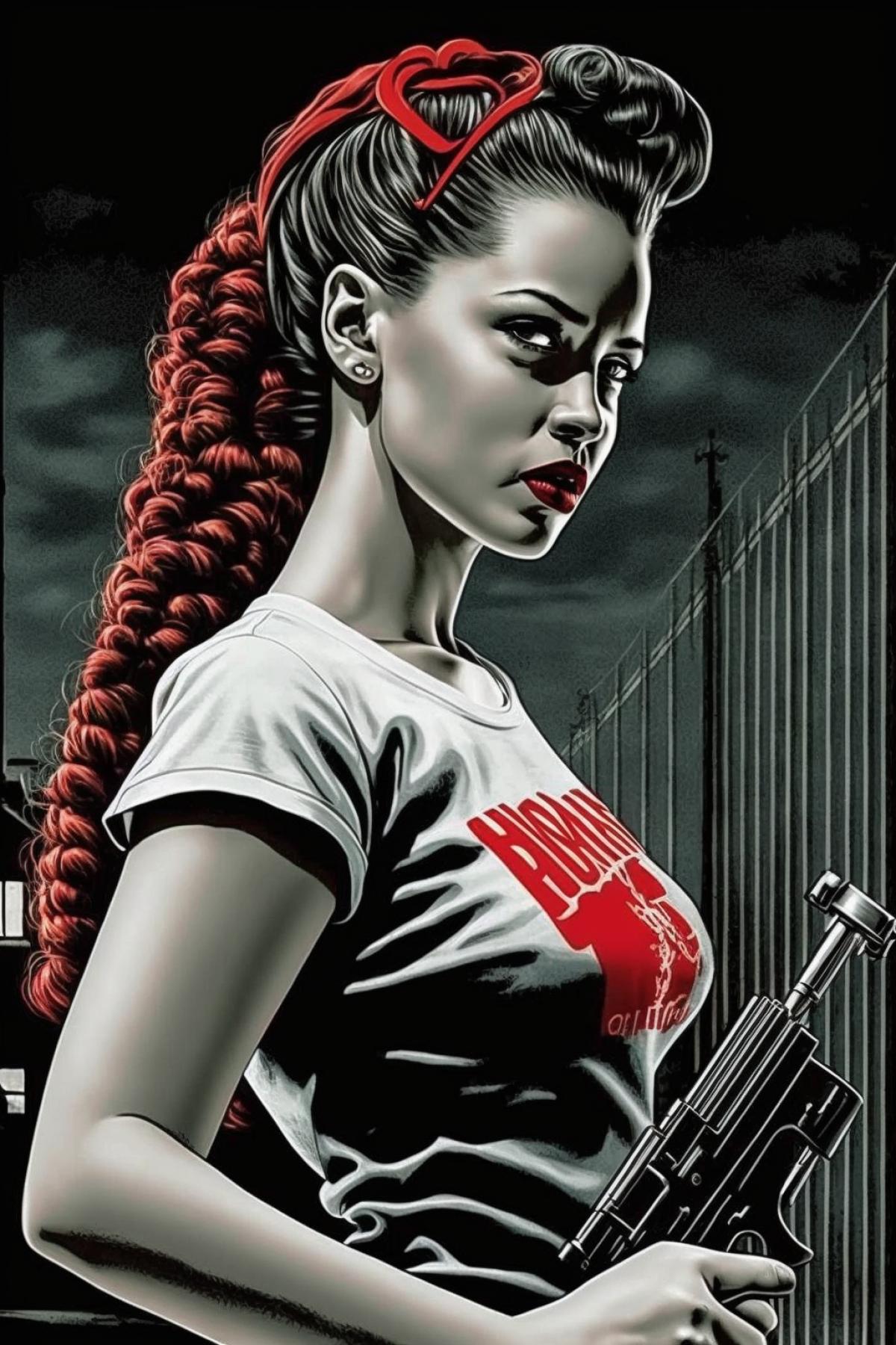 Slavic young woman shoots a pistol, her hair is pulled back into a tight braid, sin city comic style, red lips