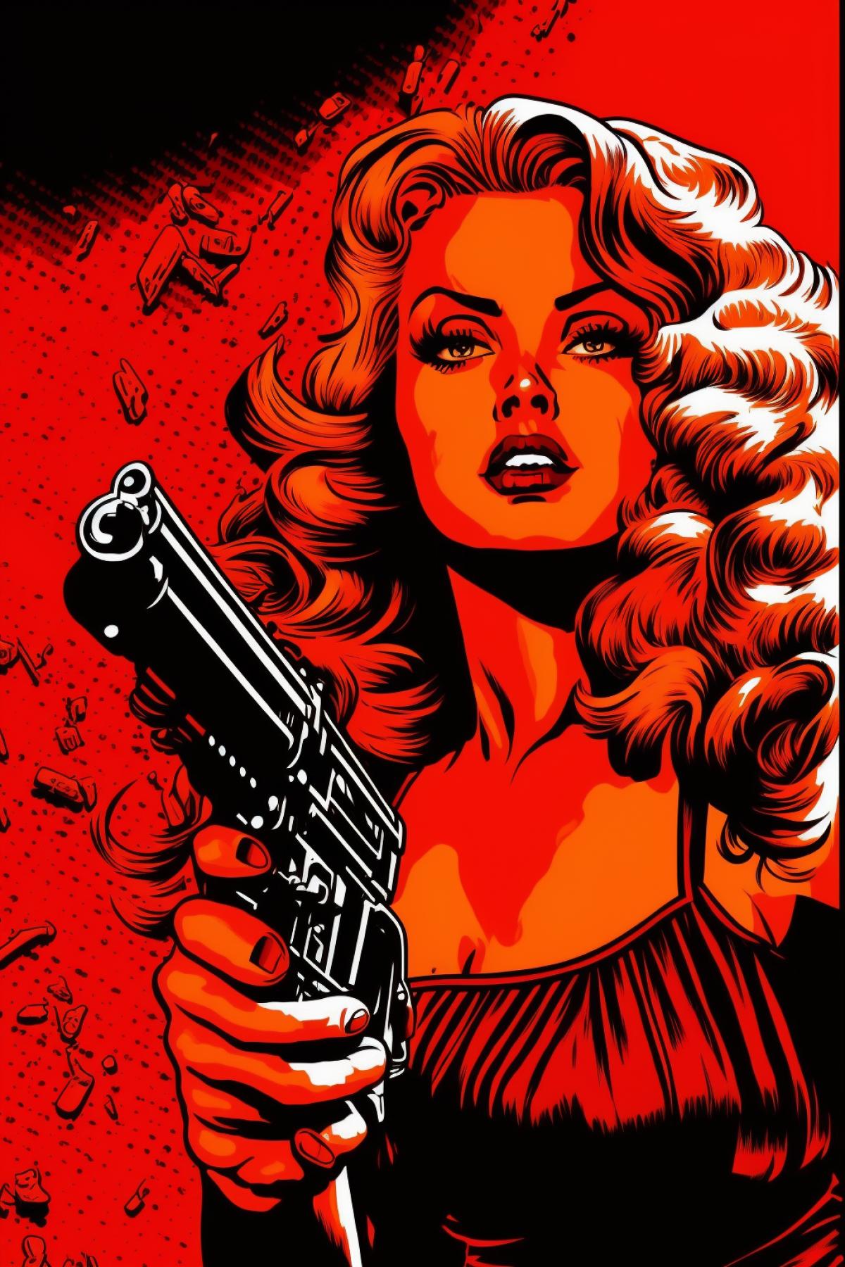 Slavic young woman shoots a gun, sin city comic style, scarlet lips